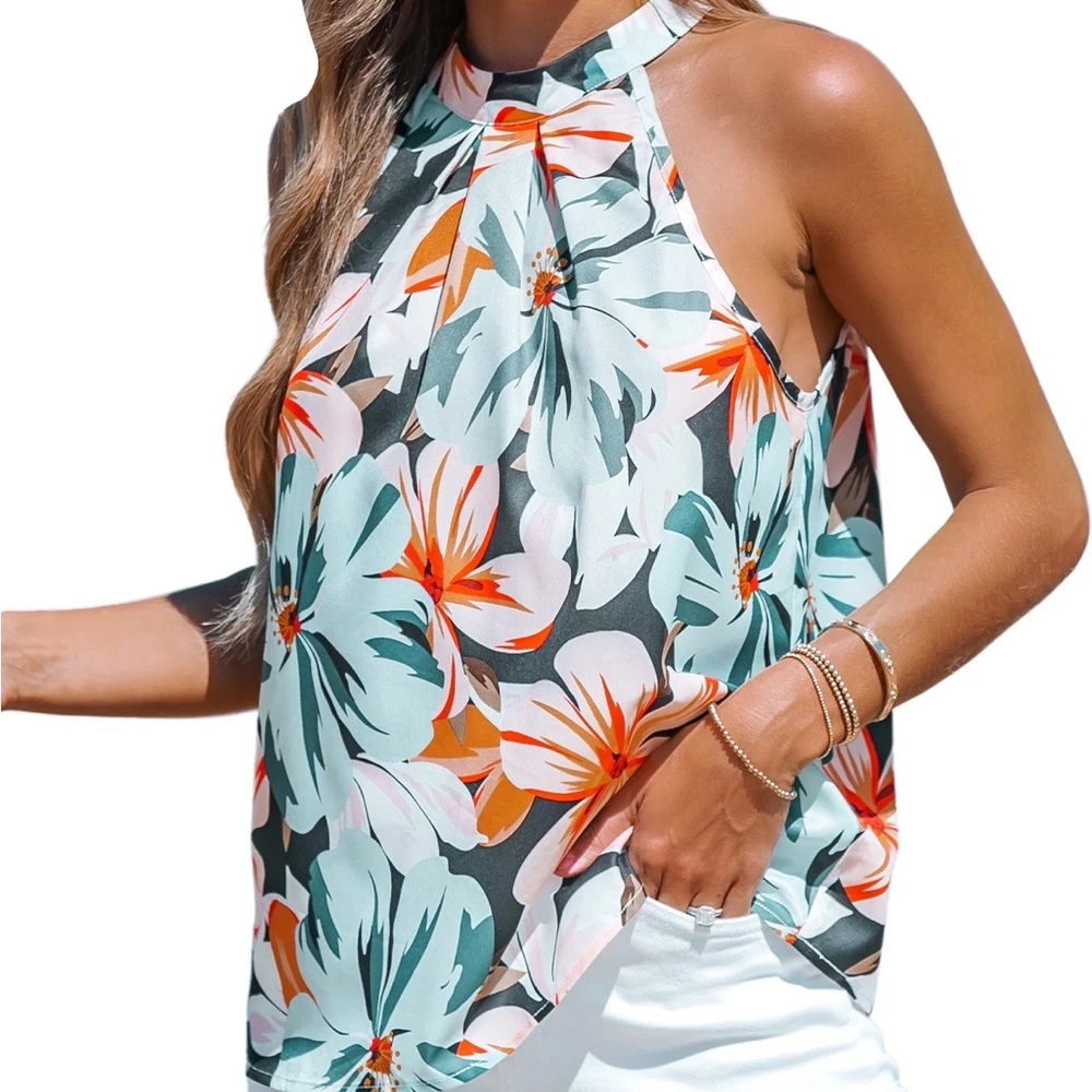 Cupshe Floral Halter Top in Coral and Blue